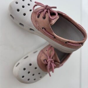 Pair of Pink Suede Crocs Islander Boat Slip-on with Laces